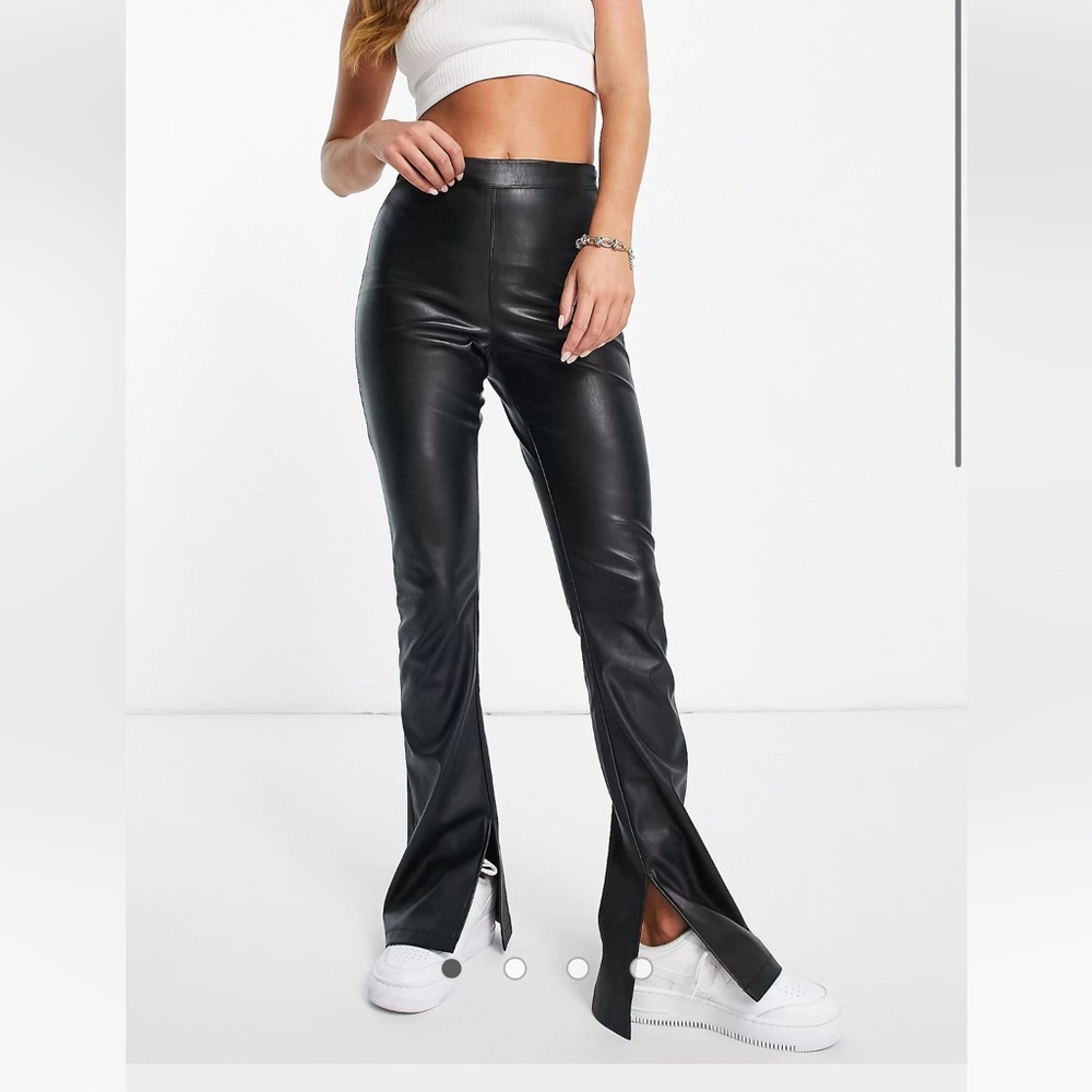 NWT Topshop faux leather flare pants with front slit 6
